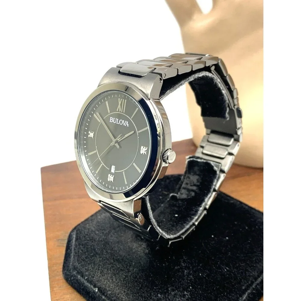 Bulova Mens Watch 98D162 Quartz Gunmetal Black Diamond Dial Stainless Steel 41mm